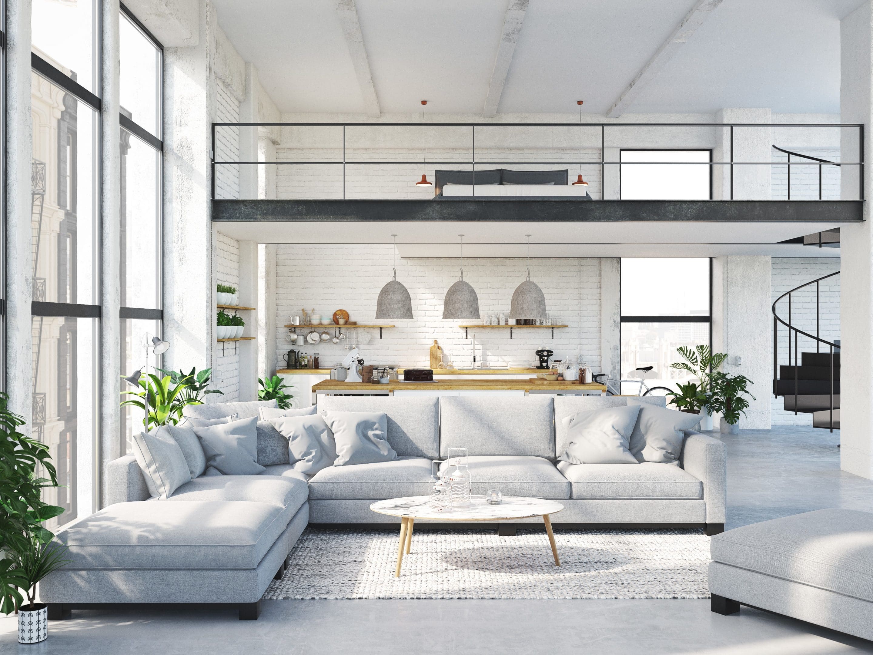 loft apartment with living room and kitchen. Concrete flooring